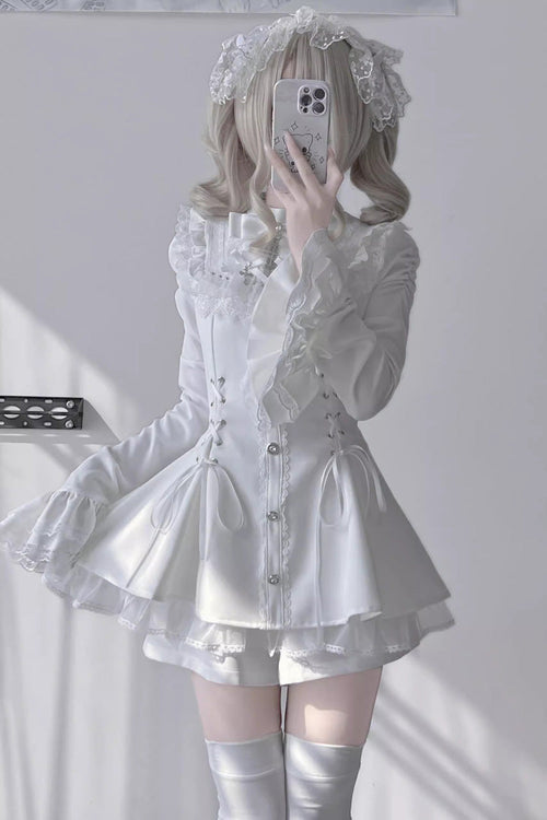 White Long Trumpet Sleeves Bowknot Lace-Up Gothic Jirai Kei Dress Shorts Set