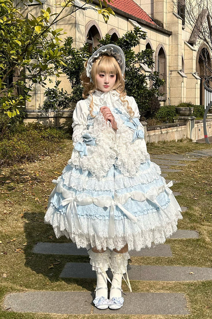 Blue Sleeveless Multi-Layered Ruffle Bowknot Lace Sweet Plus Size Lolita Jsk Dress