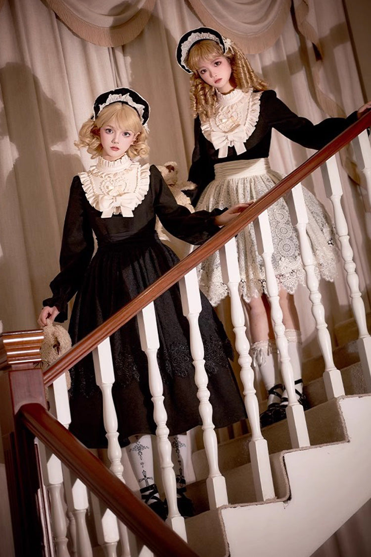Black [Twilight Choir] Long Sleeves Bowknot Lace Sweet Vintage Lolita Dress 2 Versions