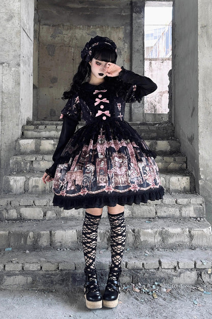 Black [The Case of the Missing Lamb] Print Long Sleeves Ruffle Bowknot Lace Gothic Lolita Dress