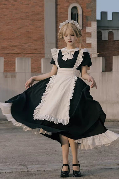 Black/White Round Collar Short Sleeves Ruffled Bow Sweet Elegant Lolita Maid Dress 2 Versions