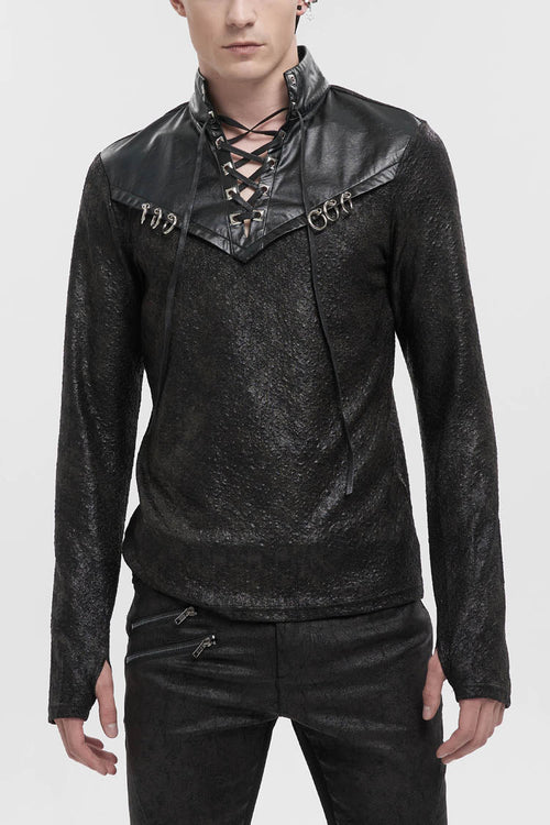 Black Stand Collar Long Sleeves Faux Leather Splice Men's Gothic Shirt