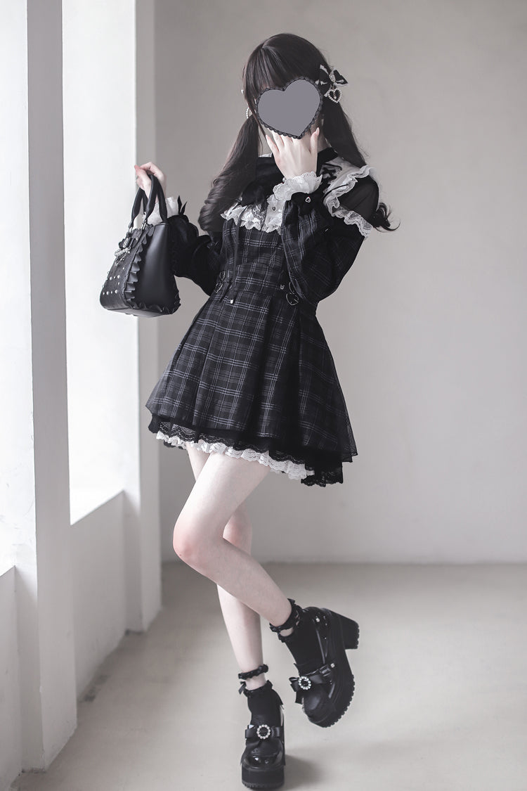 Black [Angel Heartbeat] Long Sleeves Plaid Print Ruffle Bowknot Lace Sweet Jirai Kei Japanese Dress