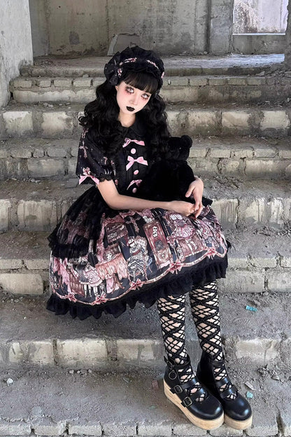 Black [The Case of the Missing Lamb] Print Long Sleeves Ruffle Bowknot Lace Gothic Lolita Dress