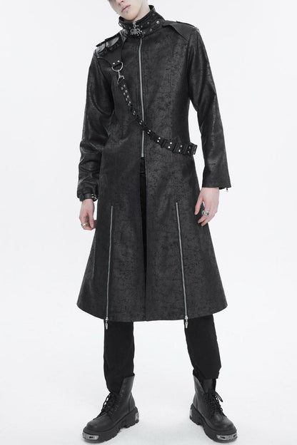 Black Stand Collar With Strap Split At The Hem Long Men's Gothic Coat