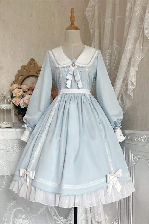 Blue Doll Collar Bowknot Long Sleeves High Waisted Ruffled Sweet Lolita OP Dress