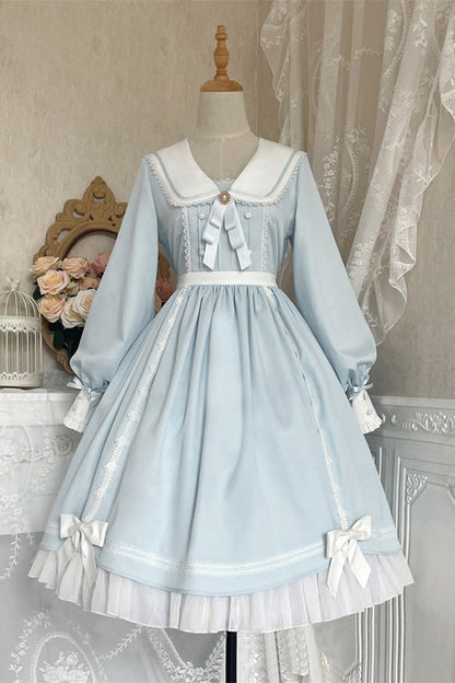 Blue Doll Collar Bowknot Long Sleeves High Waisted Ruffled Sweet Lolita OP Dress