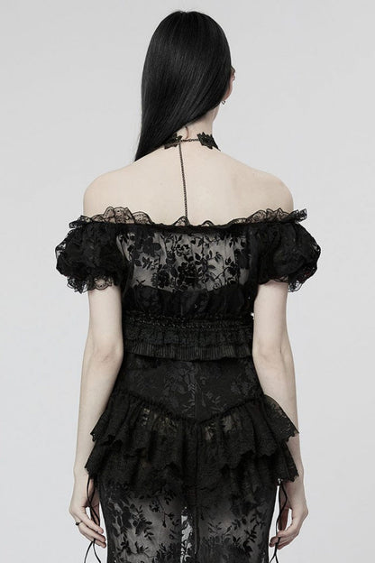 Off Shoulder Ruffle Stitching Lace Sheer Womens Gothic T-Shirt 2 Colors