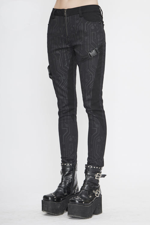 Black Punk Circuit Printed Leather Loops Womens Pants