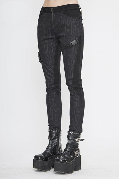 Black Punk Circuit Printed Leather Loops Womens Pants