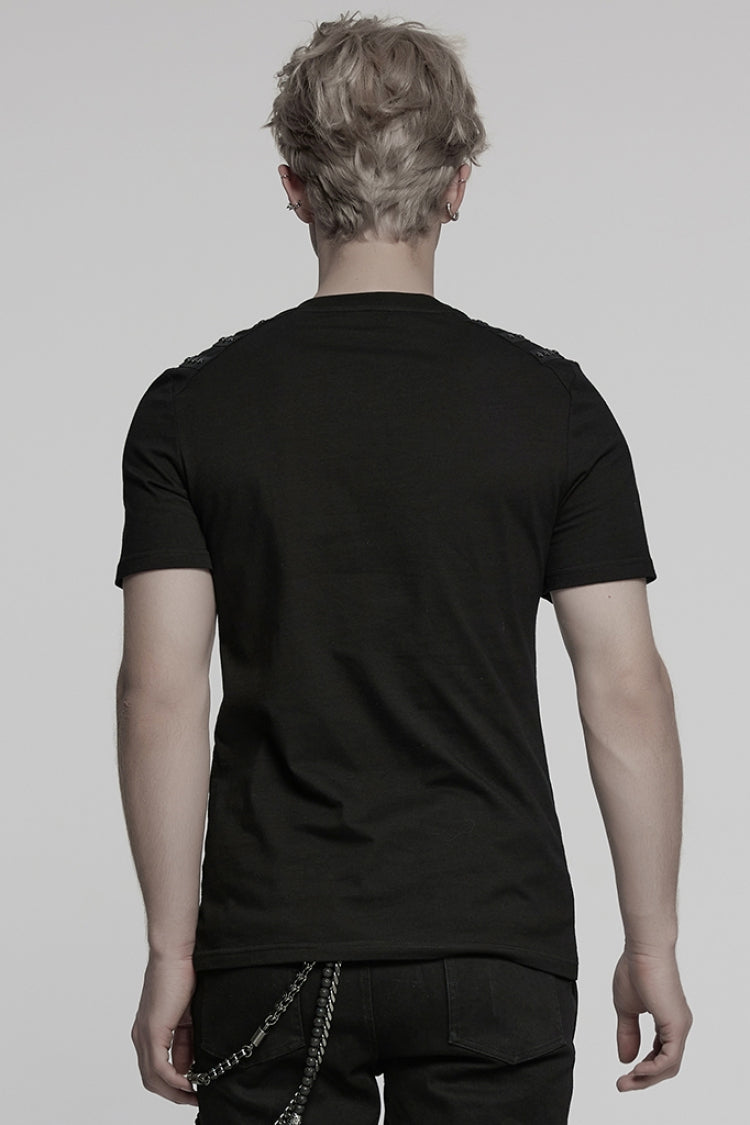 Black Round Collar Short Sleeves Studded Buckle Strap Men's Punk T-Shirt