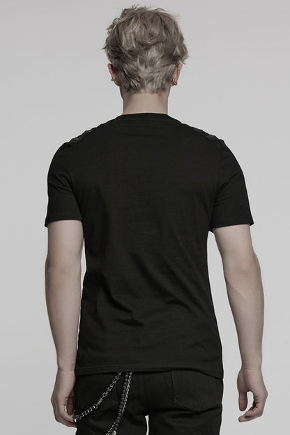 Black Round Collar Short Sleeves Studded Buckle Strap Men's Punk T-Shirt