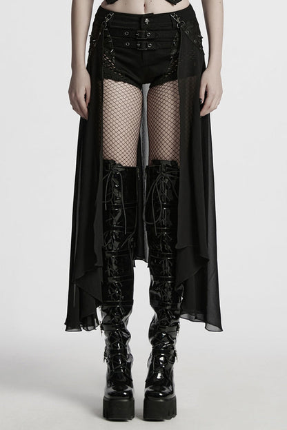 Black Women's Punk Studded Distressed Shorts with Detachable Kilt