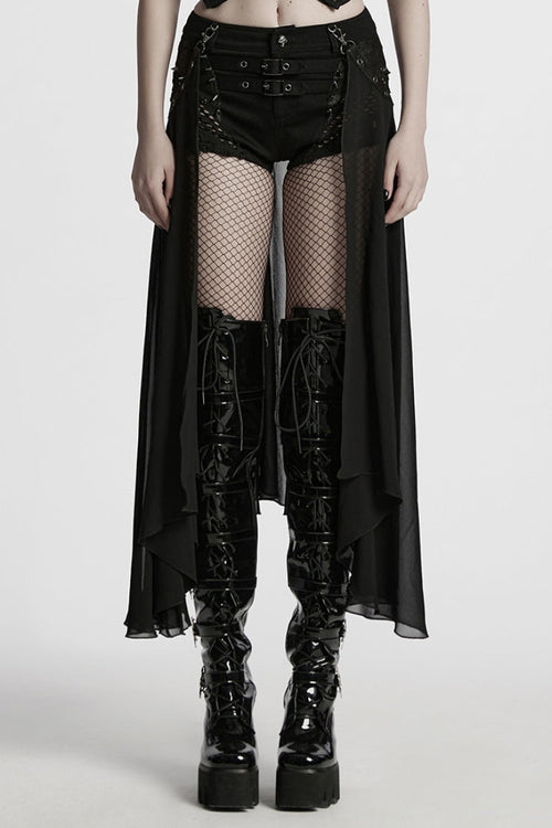 Black Women's Punk Studded Distressed Shorts with Detachable Kilt