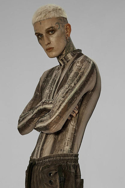 Black/Yellow Punk High Collar Technology Sense Printing Elasticity Tight Long Sleeves Men's Shirt