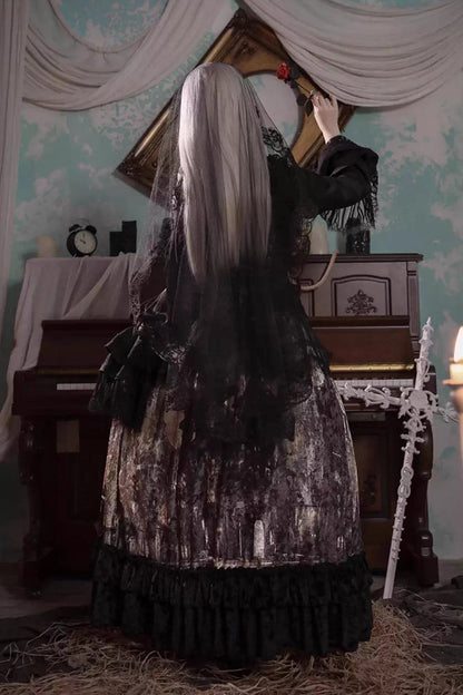 [Heretical Nun] Sleeveless Multi-Layered Printed Ruffled Open-Front Gothic Plus Size Lolita Strap Dress Long Version 2 Colors