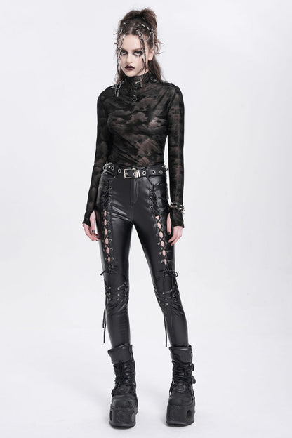 Black Stand Collar Sheer Studded Women's Punk Blouse