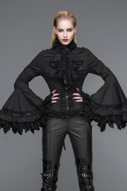 Black Vintage Ruffled With Trumpet Sleeves Women's Punk Blouses