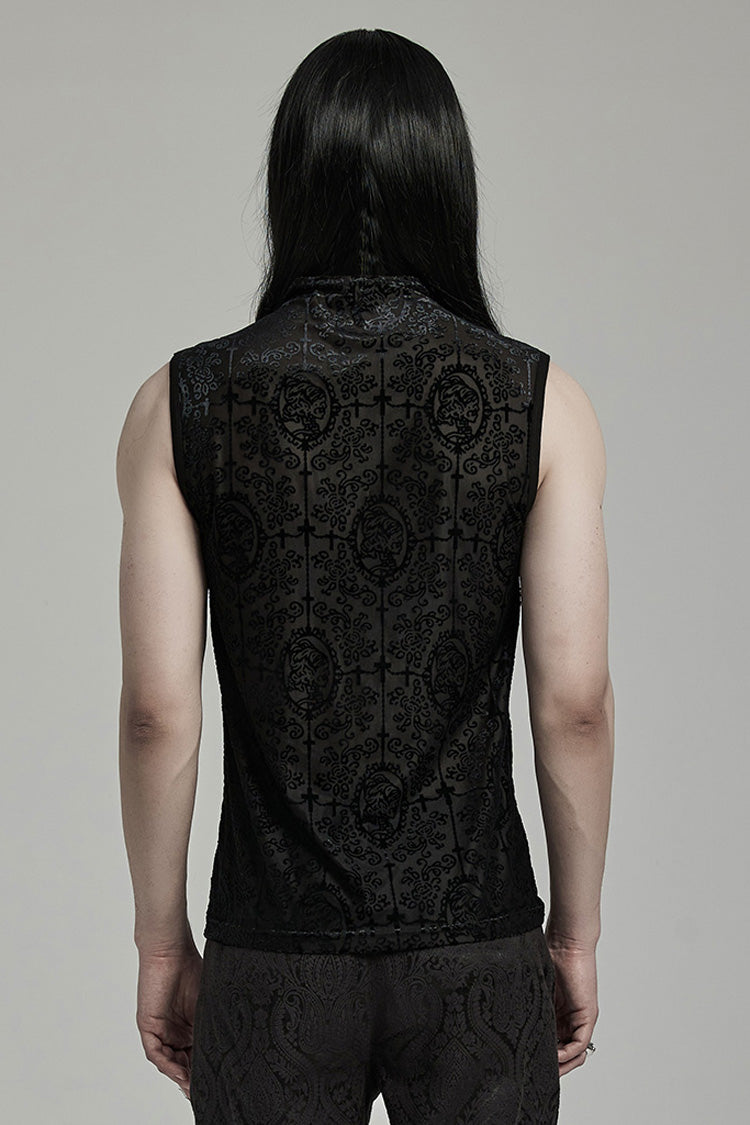 Black Sleeveless Beaded Cross Flocking Print Men's Gothic Tank Top