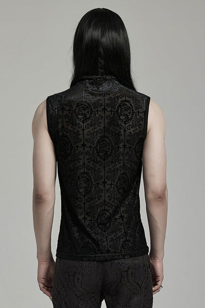 Black Sleeveless Beaded Cross Flocking Print Men's Gothic Tank Top
