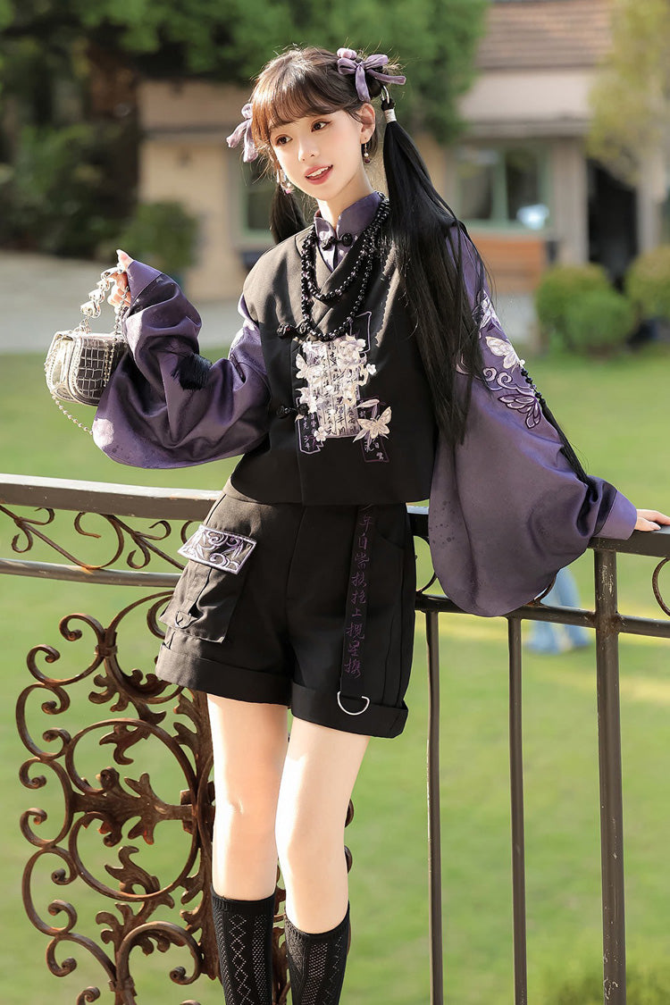 Black/Purple Stand Collar Long Sleeves Embroidery Classic Chinese Style Prince Hanfu Ouji Set