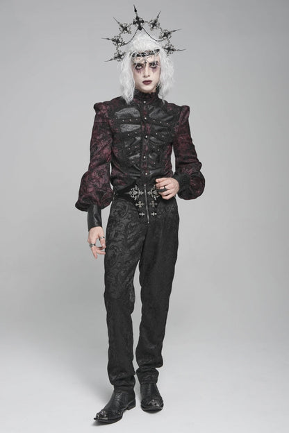 Black/Red Stand Collar Long Lantern Sleeves Floral Print Embroidery Men's Gothic Blouse