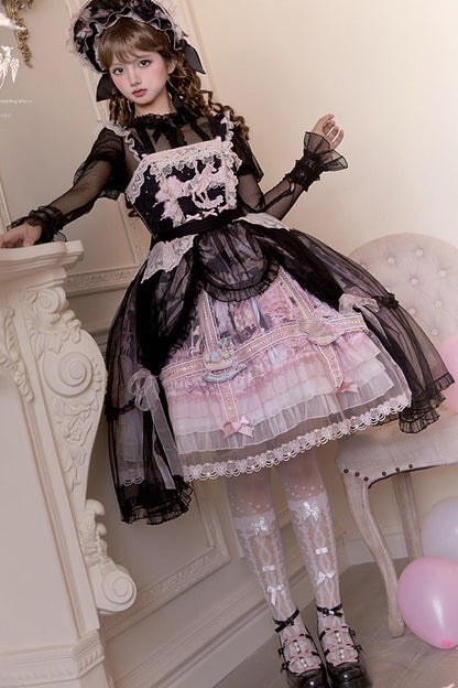 Black/Pink [Pegasus Park] Multi-Layered Print Ruffle Bowknot Lace Sweet Gorgeous Lolita Jsk Dress