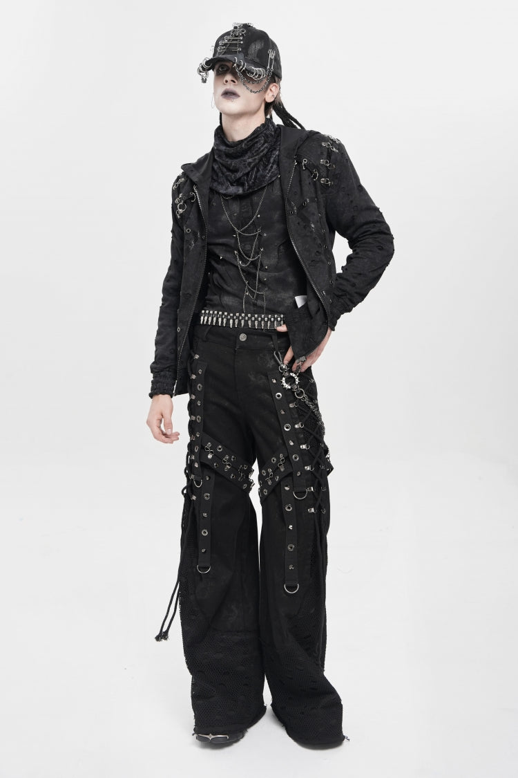 Black Spliced Lace-Up Mesh Ripped Men's Punk Baggy Pants