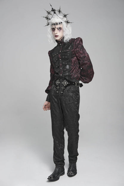 Black Printed Lace-Up Buckled Zippered Men's Gothic Pants