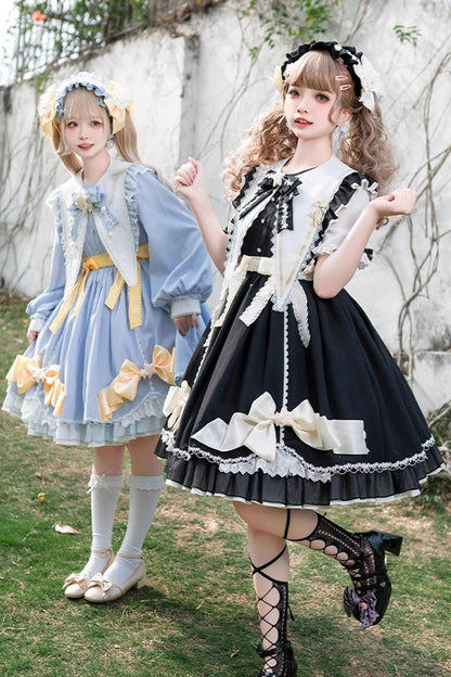 Black Sleeping Star Short Sleeves Ruffle Bowknot Lace Stitching Sweet Lolita Dress