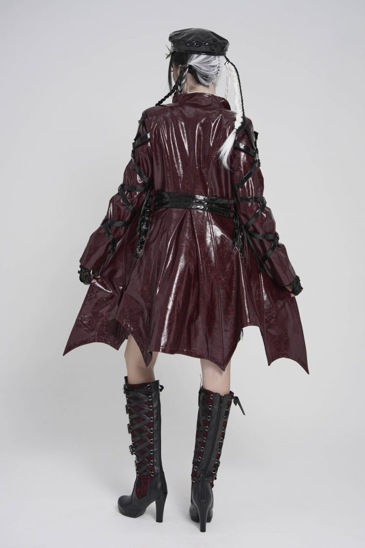 Red Lapel Collar Long Sleeves Lace-Up Irregular Eyelets & Rings Women's Punk Coat
