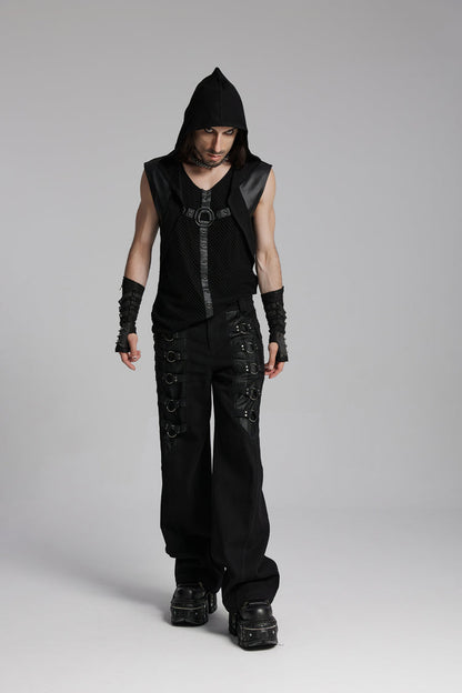 Black V Collar Sleeveless Hooded Mesh Eyelets Men's Punk Vest
