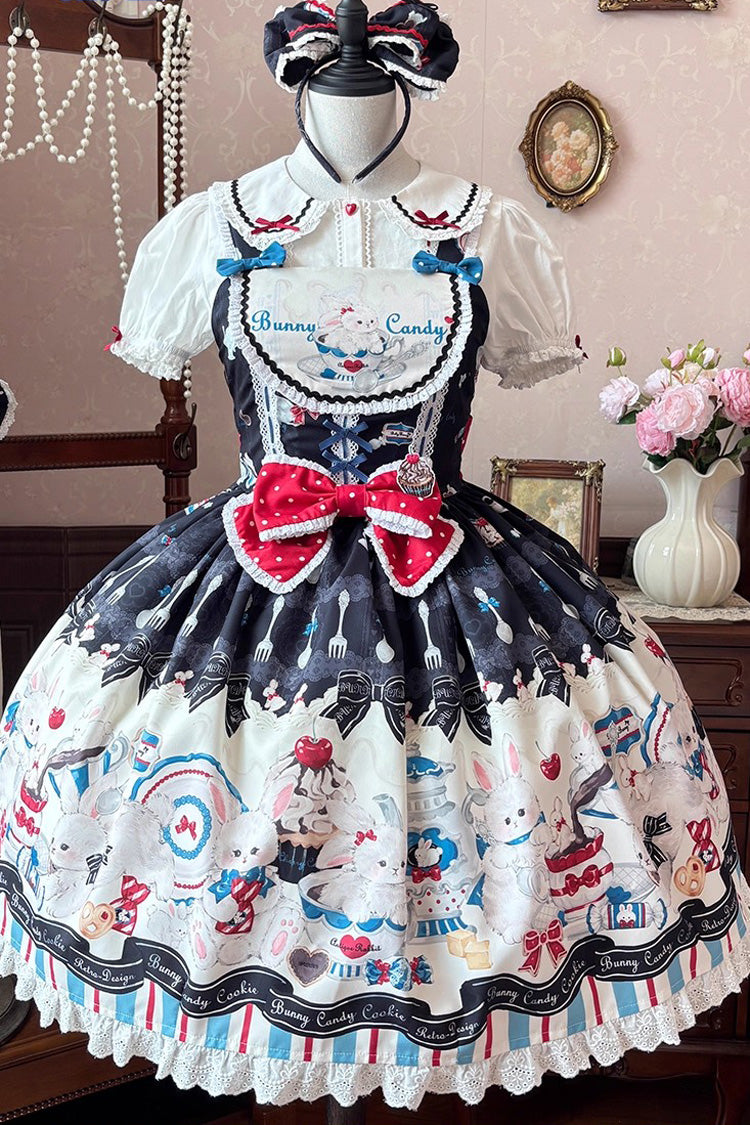 Black [Mystery Rabbit Tea Party] Sleeveless Print Ruffle Bowknot Lace Sweet Lolita Jsk Dress
