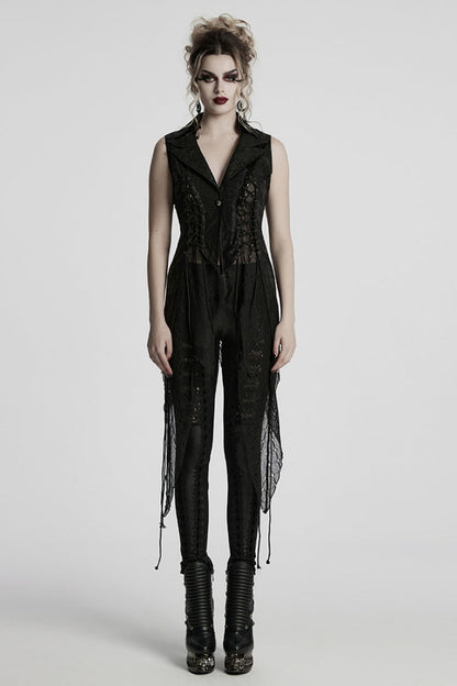 Black V Collar Sleeveless Stitching Lace-Up Irregular Mesh Women's Gothic Long Vest