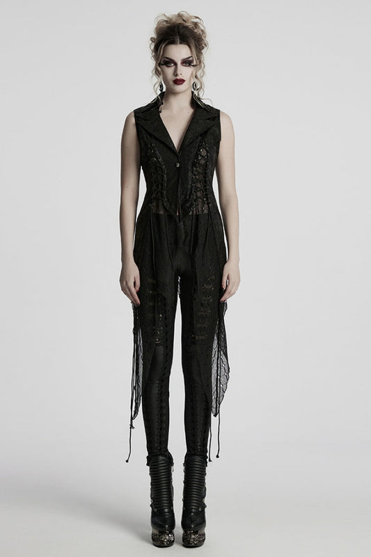 Black V Collar Sleeveless Stitching Lace-Up Irregular Mesh Women's Gothic Long Vest