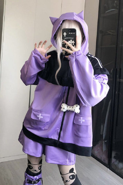 Purple Long Sleeves Cat Ears Hooded Jirai Kei Japanese Shorts Coat Set