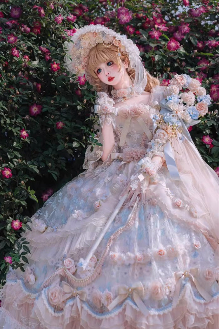Blue/Pink [Rose Blossom Banquet] Multi-Layered Printed Ruffled Hanayome Bow Lace Sweet Plus Size Princess Gorgeous Lolita Dress
