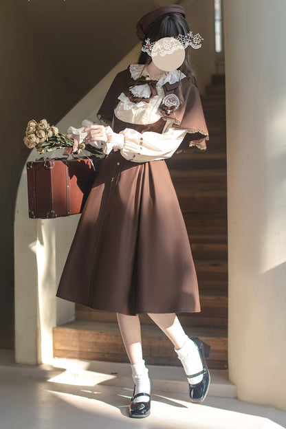 Brown/White [Sunset Academy] Long Sleeves Ruffle Bowknot Fake Two Pieces Vintage College Style Elegant Lolita Dress