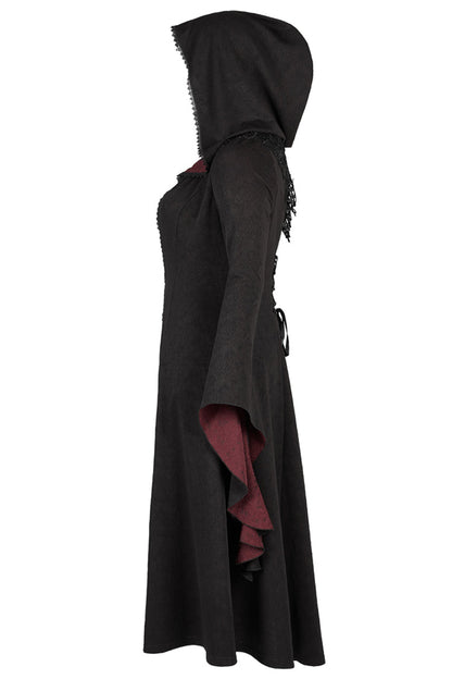 Black/Red Knitted Long Sleeves Big Hat Mystery Witch Rose Pattern Women's Gothic Coat