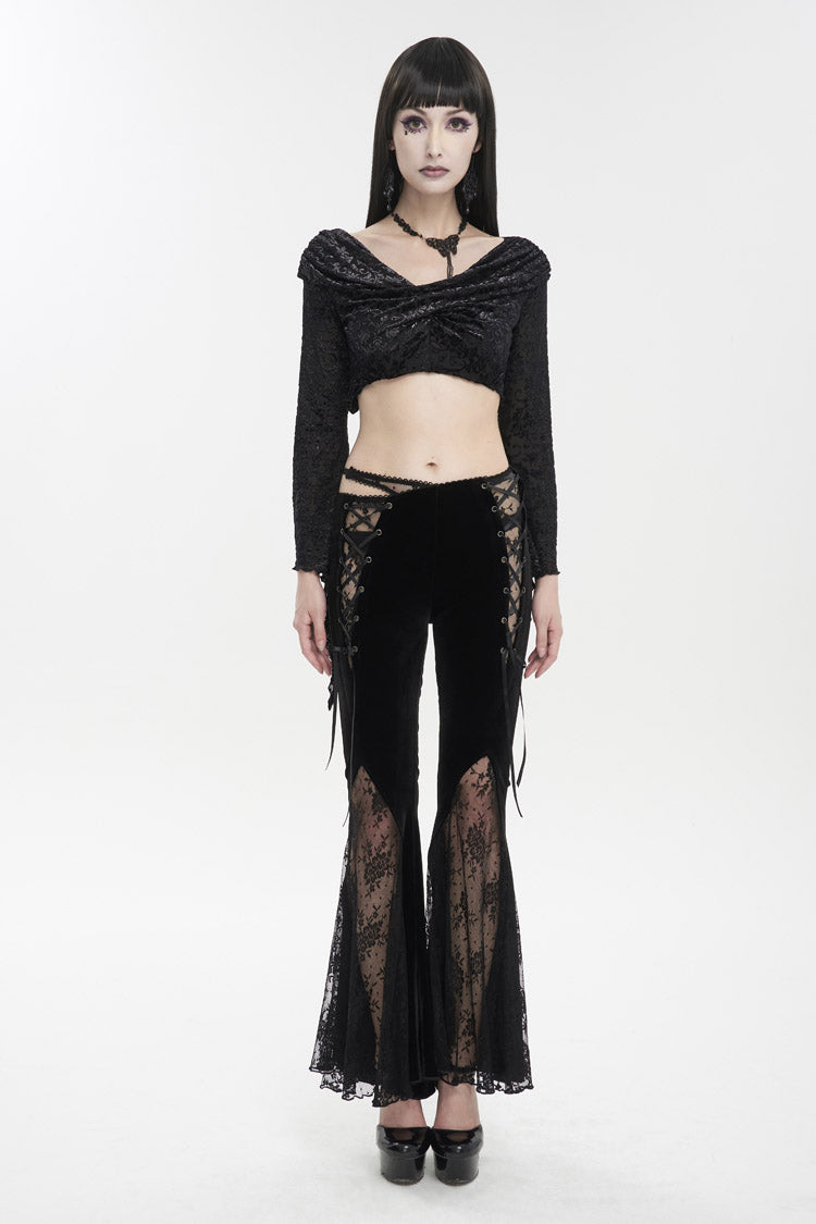 Black Velvet-Paneled Mesh Side-Adjustable Asymmetrical Women's Gothic Leggings
