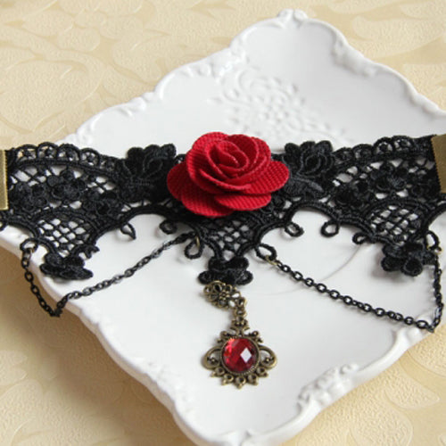Black Retro Fashion Female Gothic Lolita Lace Red Rose Ruby Bracelet