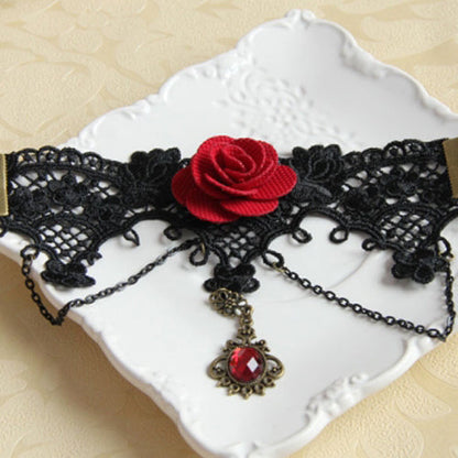 Black Retro Fashion Female Gothic Lolita Lace Red Rose Ruby Bracelet