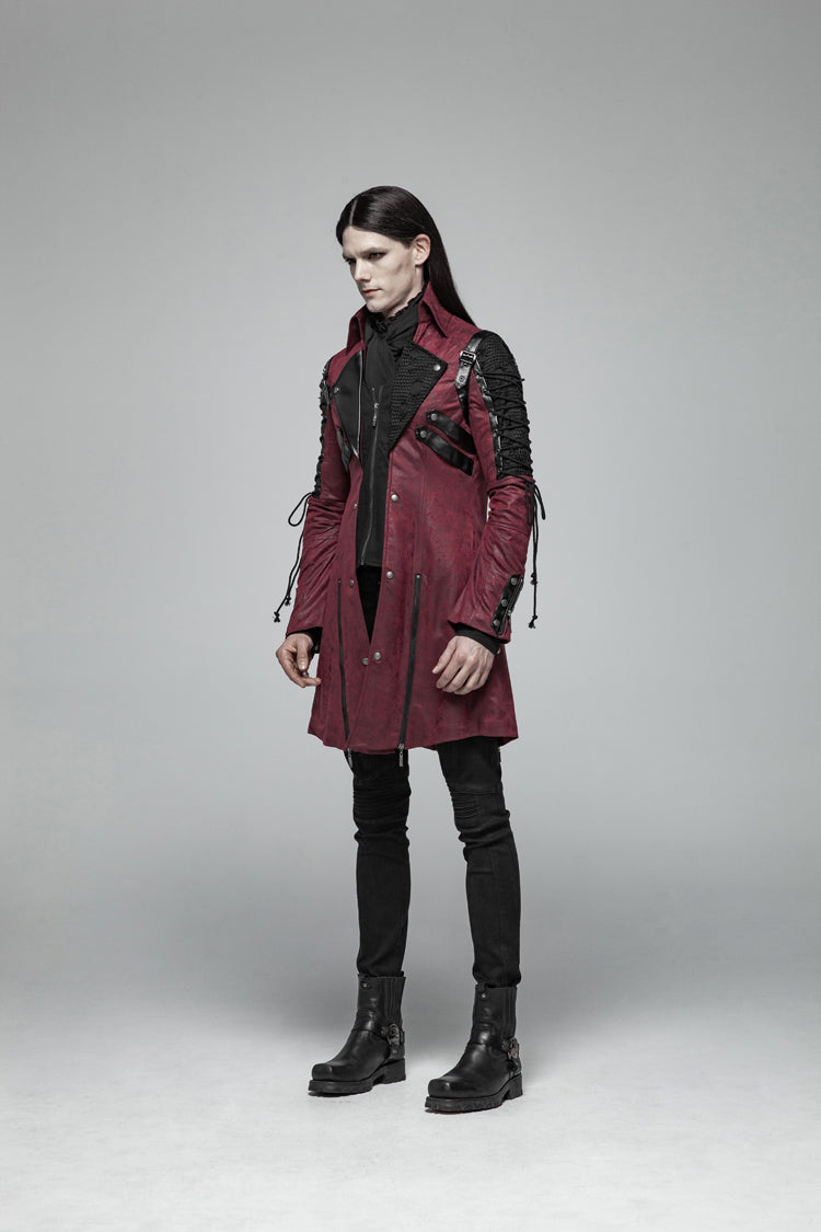 Red Metal Buckle Decoration Zipper Mens Steampunk Windbreaker Coat