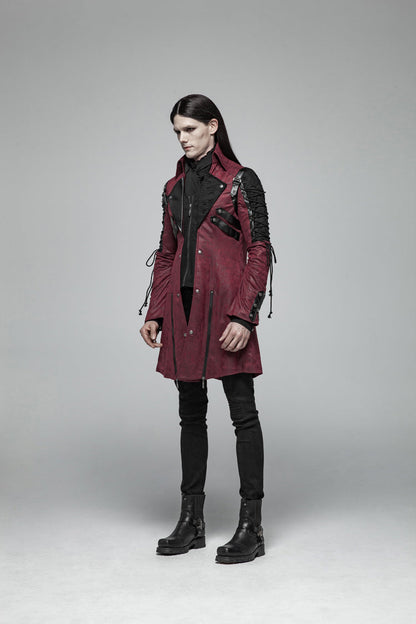 Red Metal Buckle Decoration Zipper Mens Steampunk Windbreaker Coat
