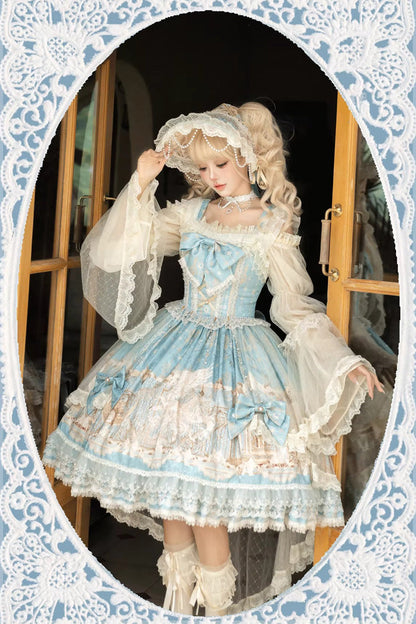 Blue [Unicorn] Print Sleeveless Multi-Layered Embroidery Bowknot Lace Sweet Lolita Jsk Dress