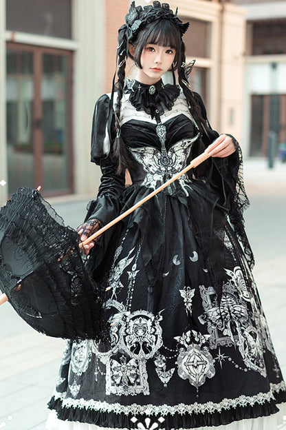 Black [Feast of Bones] Print Ruffle Bowknot Lace Gothic Elegant Lolita Long Dress