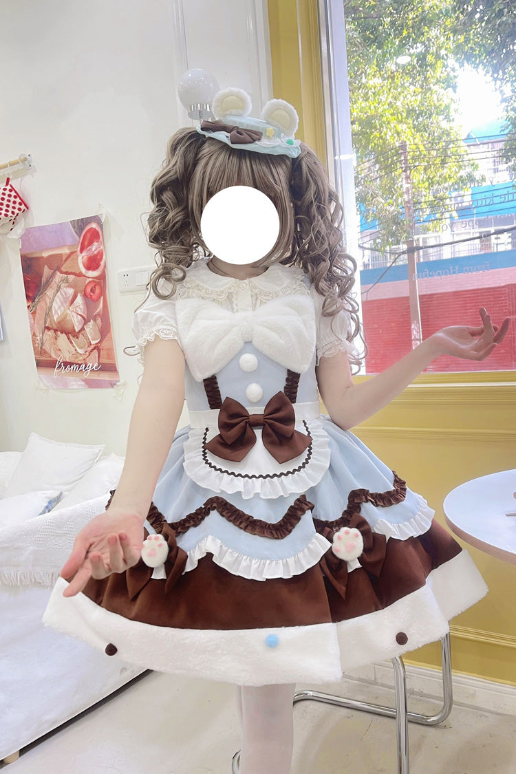 Blue/Brown [Cream Snow Cat] Winter Ruffle Bowknot Sweet Lolita Jsk Dress