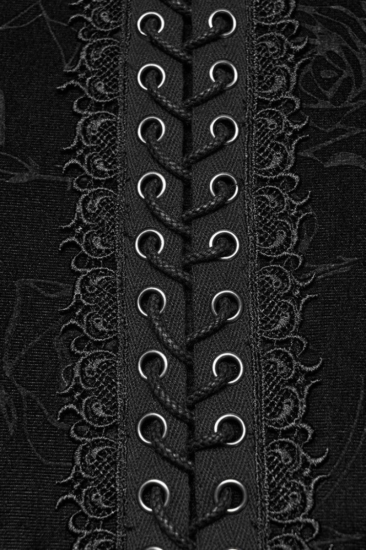 Black Stand Collar Long Sleeves Rose Embossed Lace-Up Zippered Men's Gothic Top