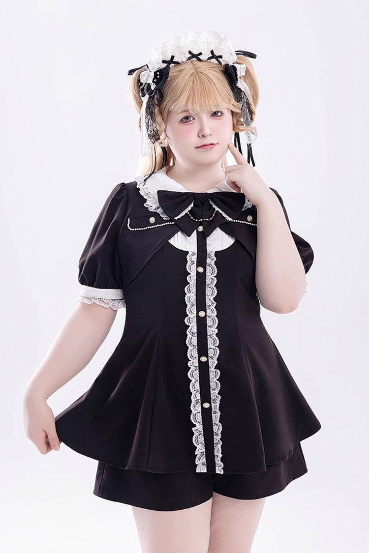 Black Short Sleeves Ruffle Bowknot Fake Two Pieces Jirai Kei Japanese Dress Shorts