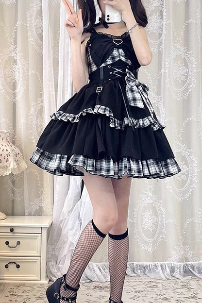 Black/White Plaid Print Color Contrast Leather Buckle Bowknot Ruffle Gothic Lolita JSK Dress